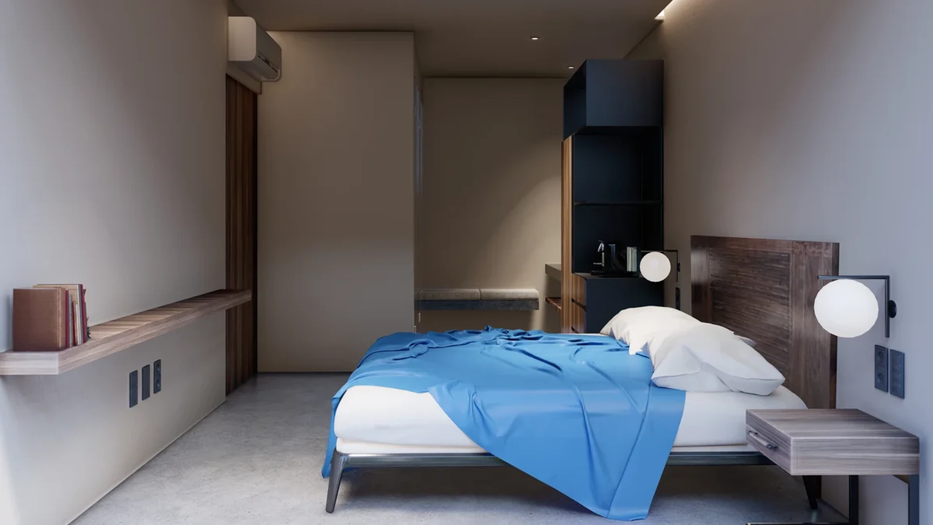View of Modern Bedroom at IIK, showcasing Minimalist Design, Concrete Floors.