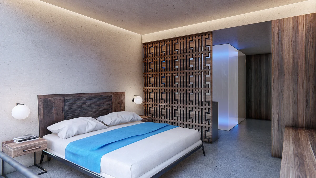 View of Modern Bedroom at IIK, showcasing Minimalist Design, Wood Accent Wall.