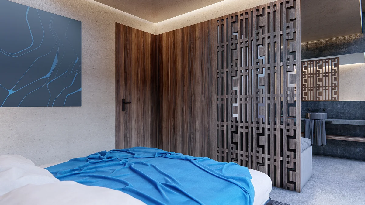 View of Modern Bedroom at IIK, showcasing Wood Accent Wall, Ensuite Bathroom.