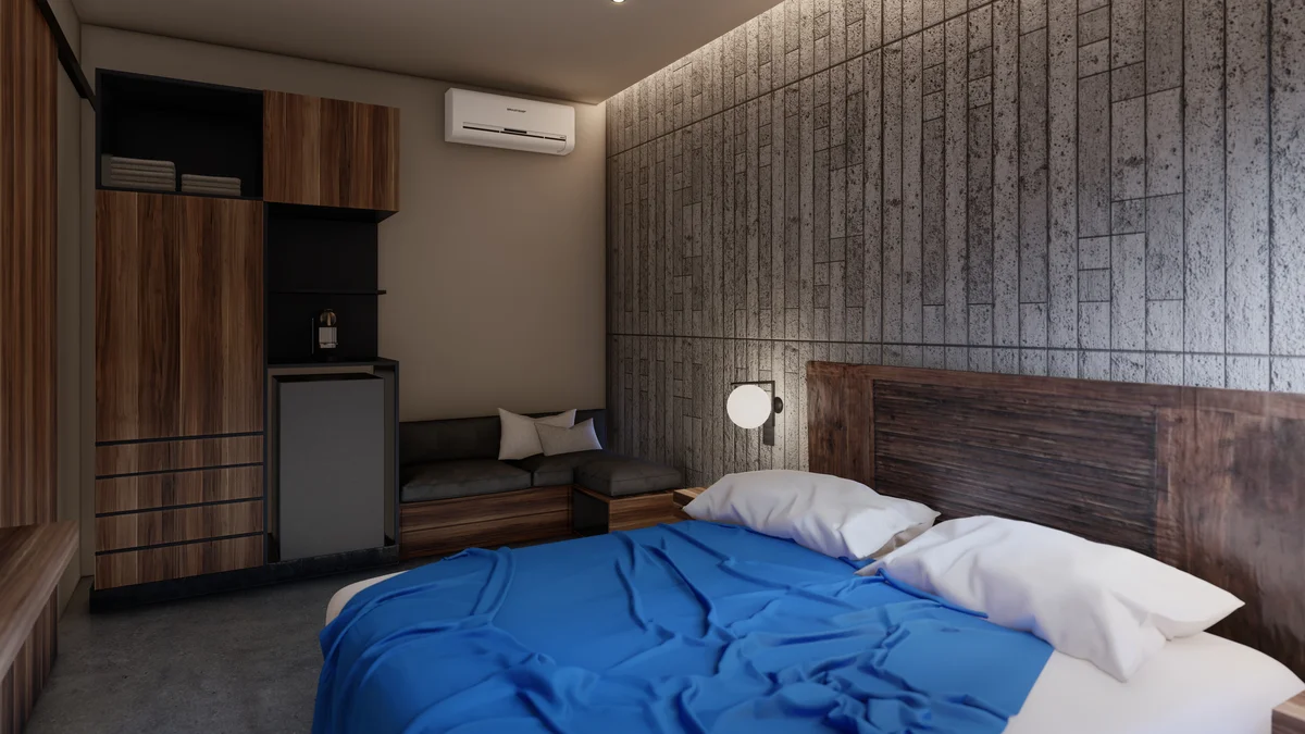 View of Modern Bedroom at IIK, showcasing Concrete Accent Wall, Wood Furnishings.