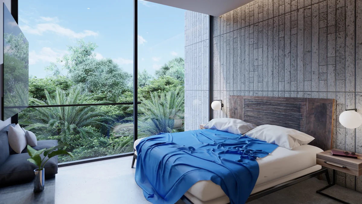 View of Modern Bedroom at IIK, showcasing Floor-to-Ceiling Windows, Nature View.