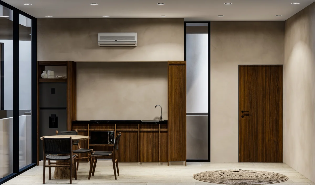 View of Kitchenette at Ixchel, showcasing Modern Design, Wood Cabinetry.