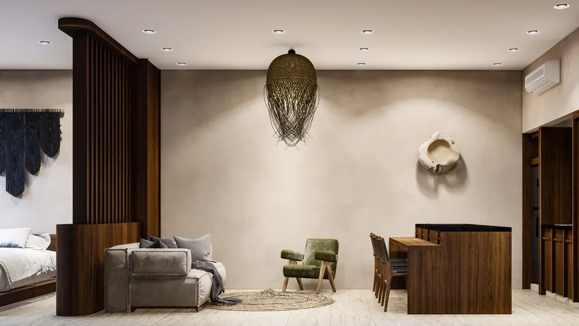 View of Open Concept Living at Ixchel, showcasing Modern Studio, Bohemian Decor.