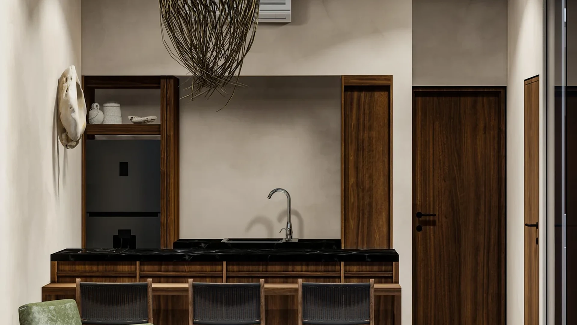 View of Modern Kitchenette at Ixchel, showcasing Breakfast Bar, Bohemian Decor.