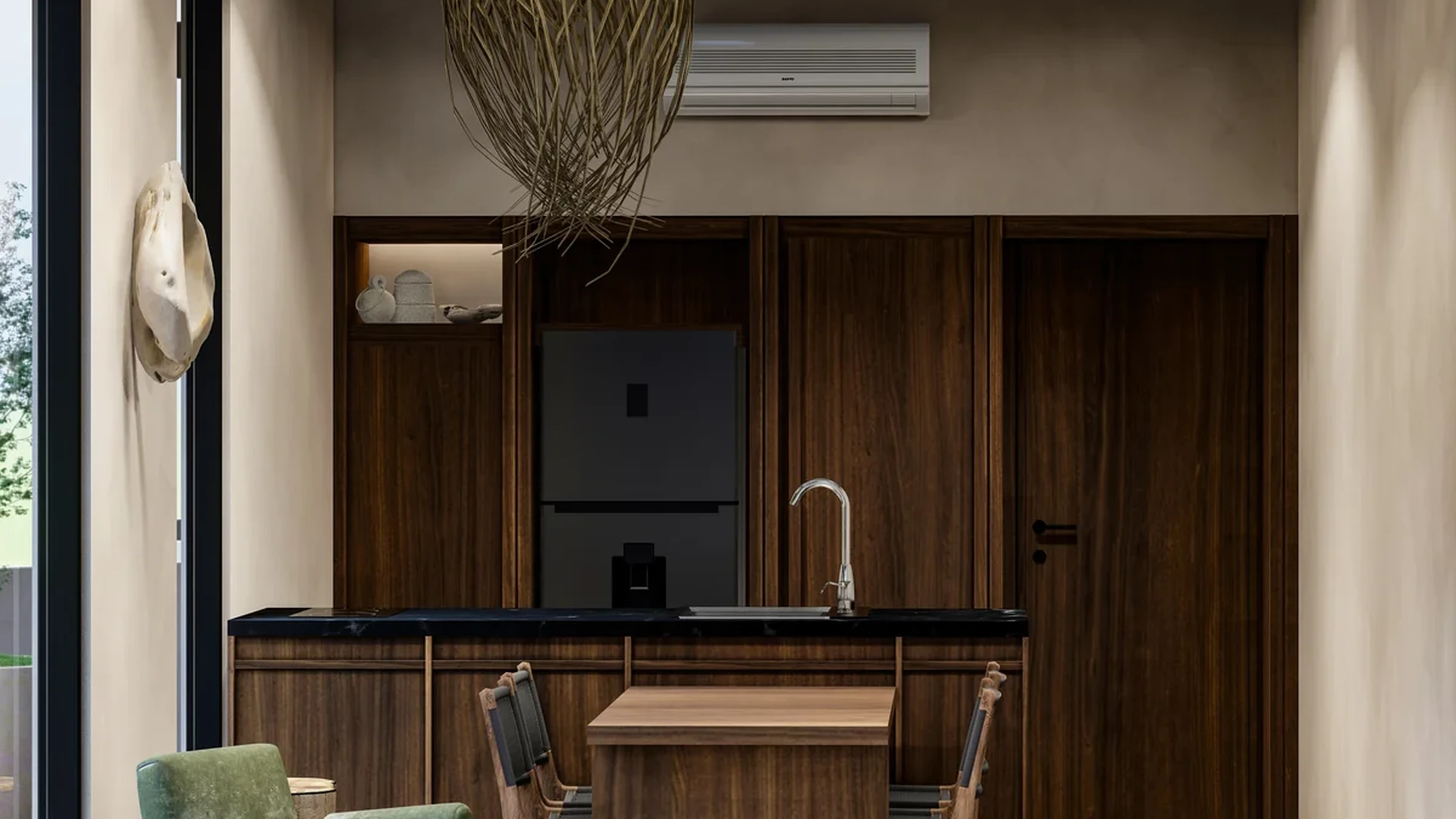 View of Kitchenette at Ixchel, showcasing Dining Area, Modern Interior.