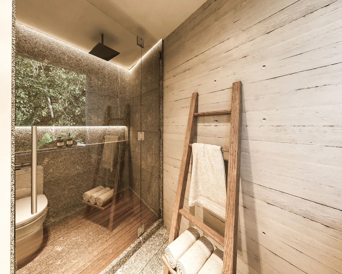 View of Modern Bathroom at Maha Art, showcasing Rustic Design, Glass Walk-in Shower.