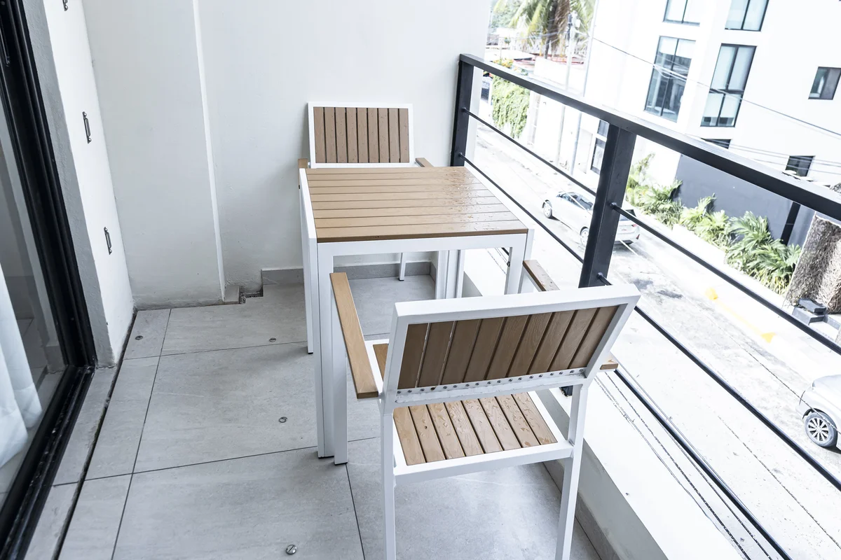 View of Private Balcony at Levitat 20, showcasing Outdoor Seating, Patio Furniture.