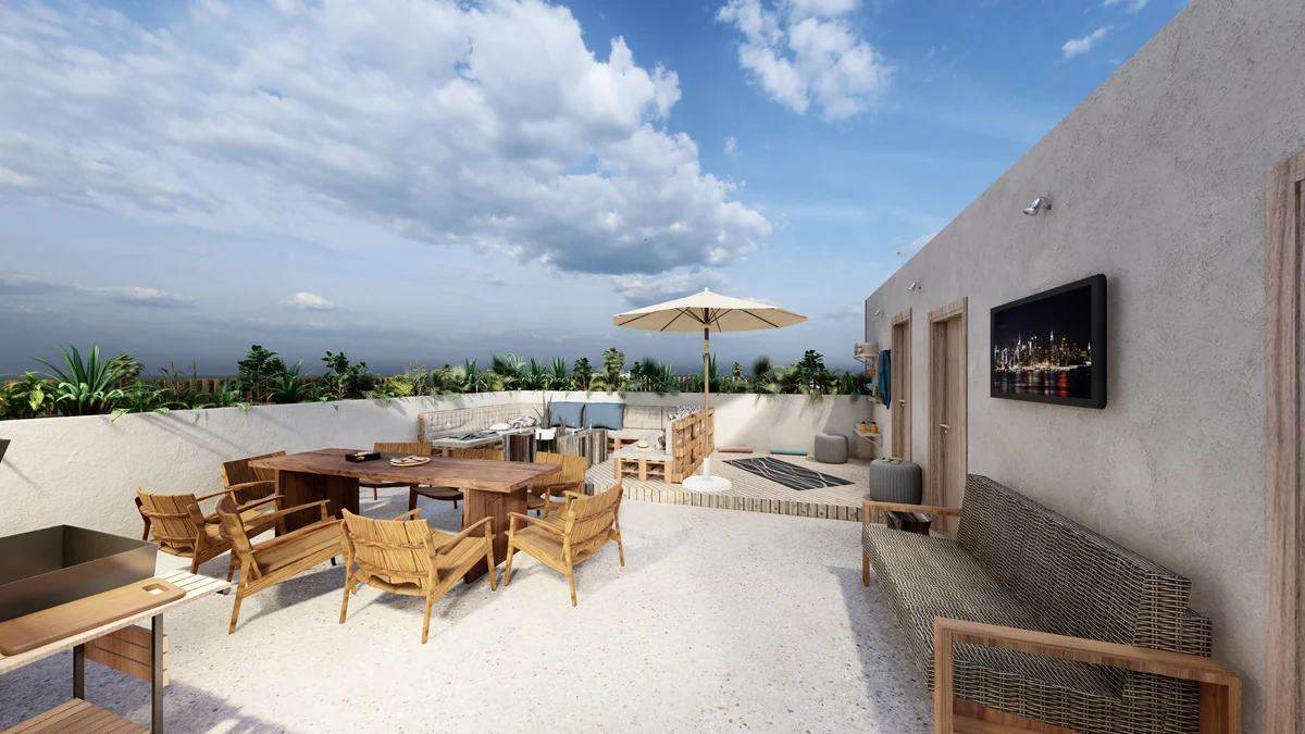 Image of Rooftop Terrace at Xkaa Downtown, featuring Rooftop Terrace, Outdoor Living.