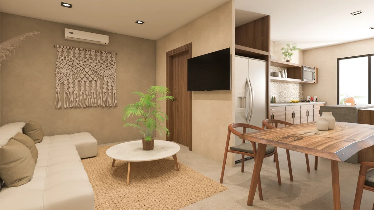 View of Open Concept Living at Xkaa Downtown, showcasing Living and Dining Room, Modern Interior.