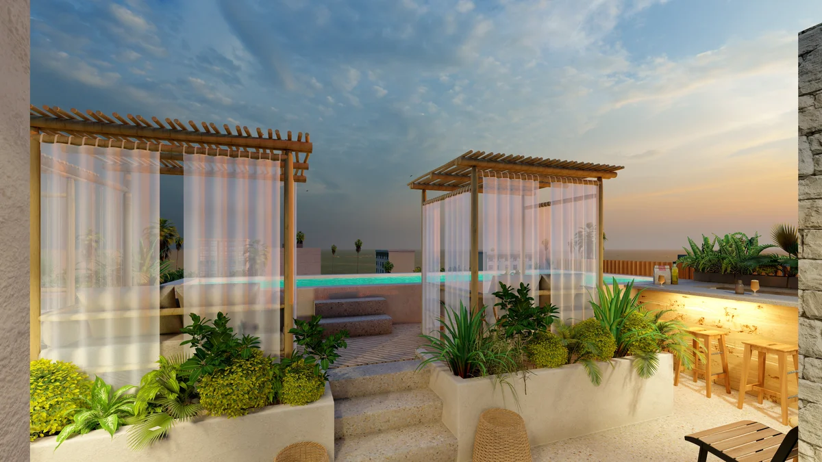 Image of Swimming Pool at Xkaa Downtown, featuring Rooftop Pool, Sunset View.