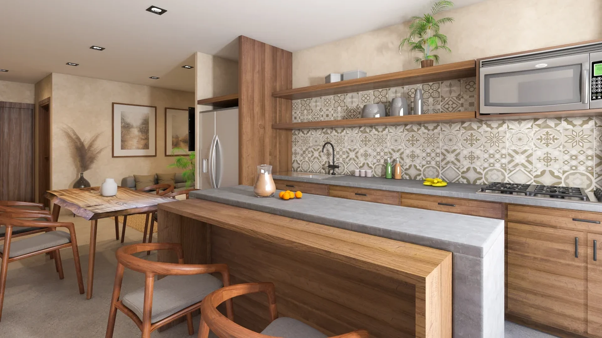 View of Modern Kitchen at Xkaa Downtown, showcasing Open Concept Living, Wood Cabinetry.
