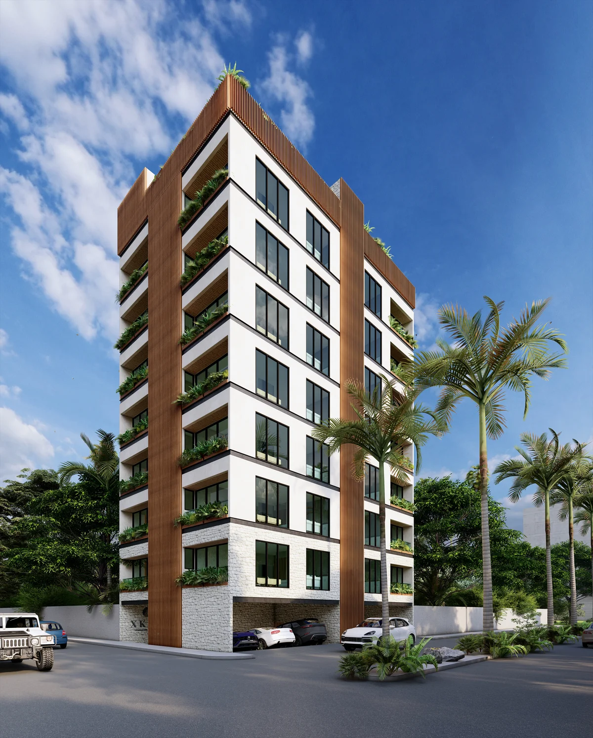 Image of Garden at Xkaa Downtown, featuring Modern Architecture, Apartment Building Exterior.