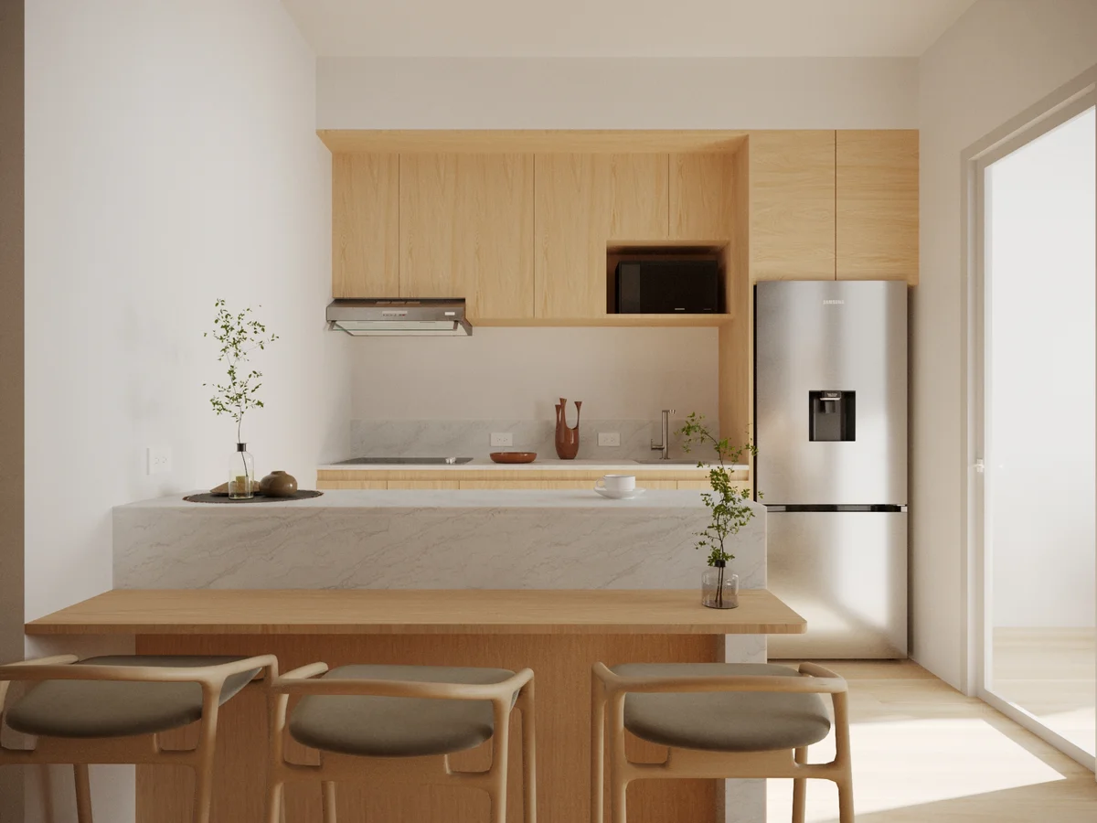 View of Modern Kitchen at Le 35 Residences, showcasing Breakfast Bar, Light Wood Cabinets.