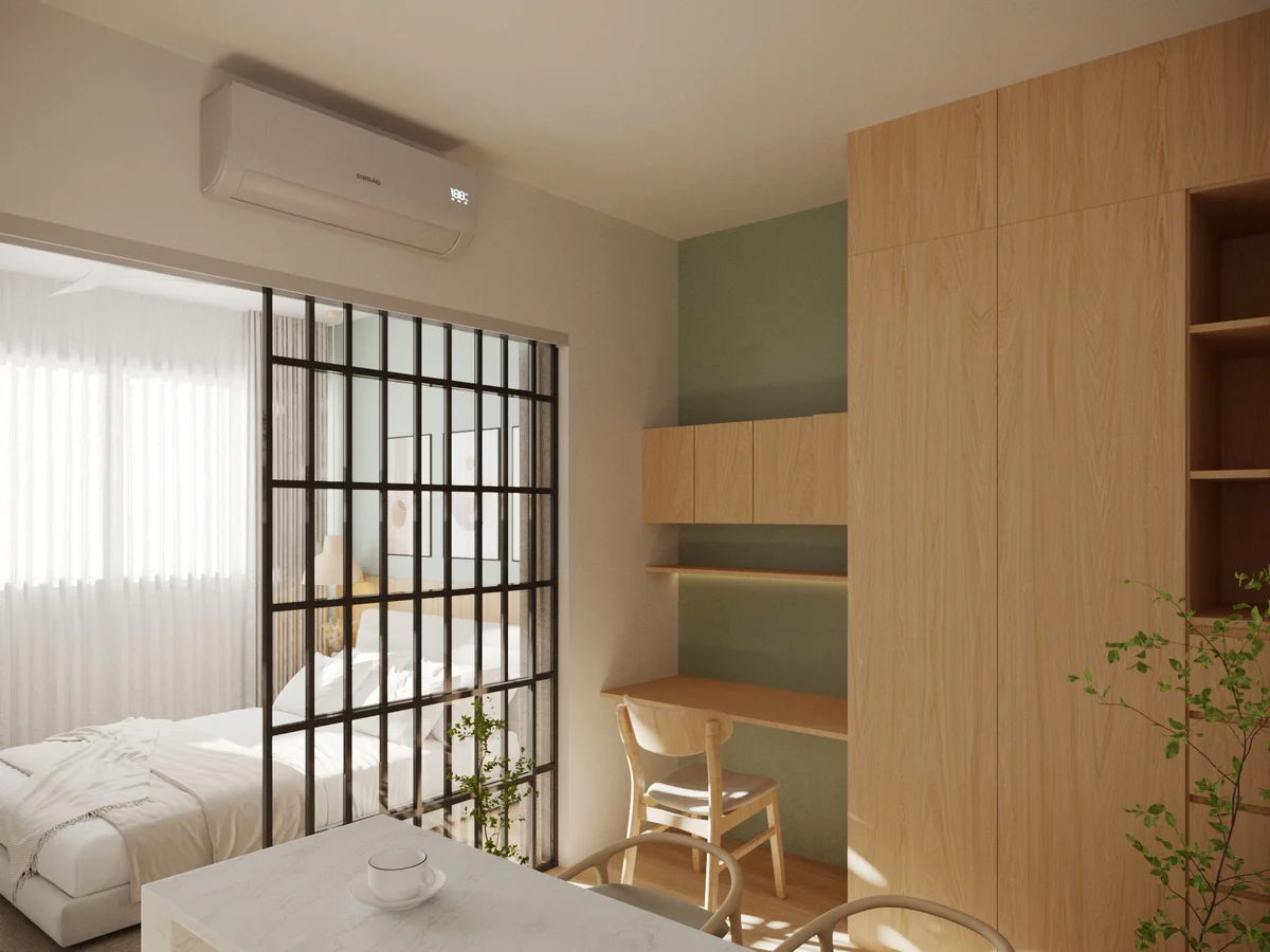 View of Modern Interior Design at Le 35 Residences, showcasing Studio Apartment, Built-in Desk.