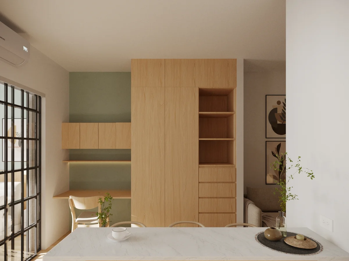 View of Modern Interior Design at Le 35 Residences, showcasing Built-in Cabinetry, Home Office Nook.