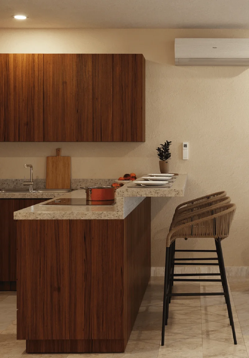 View of Modern Kitchen at Nala, showcasing Breakfast Bar, Wood Cabinetry.