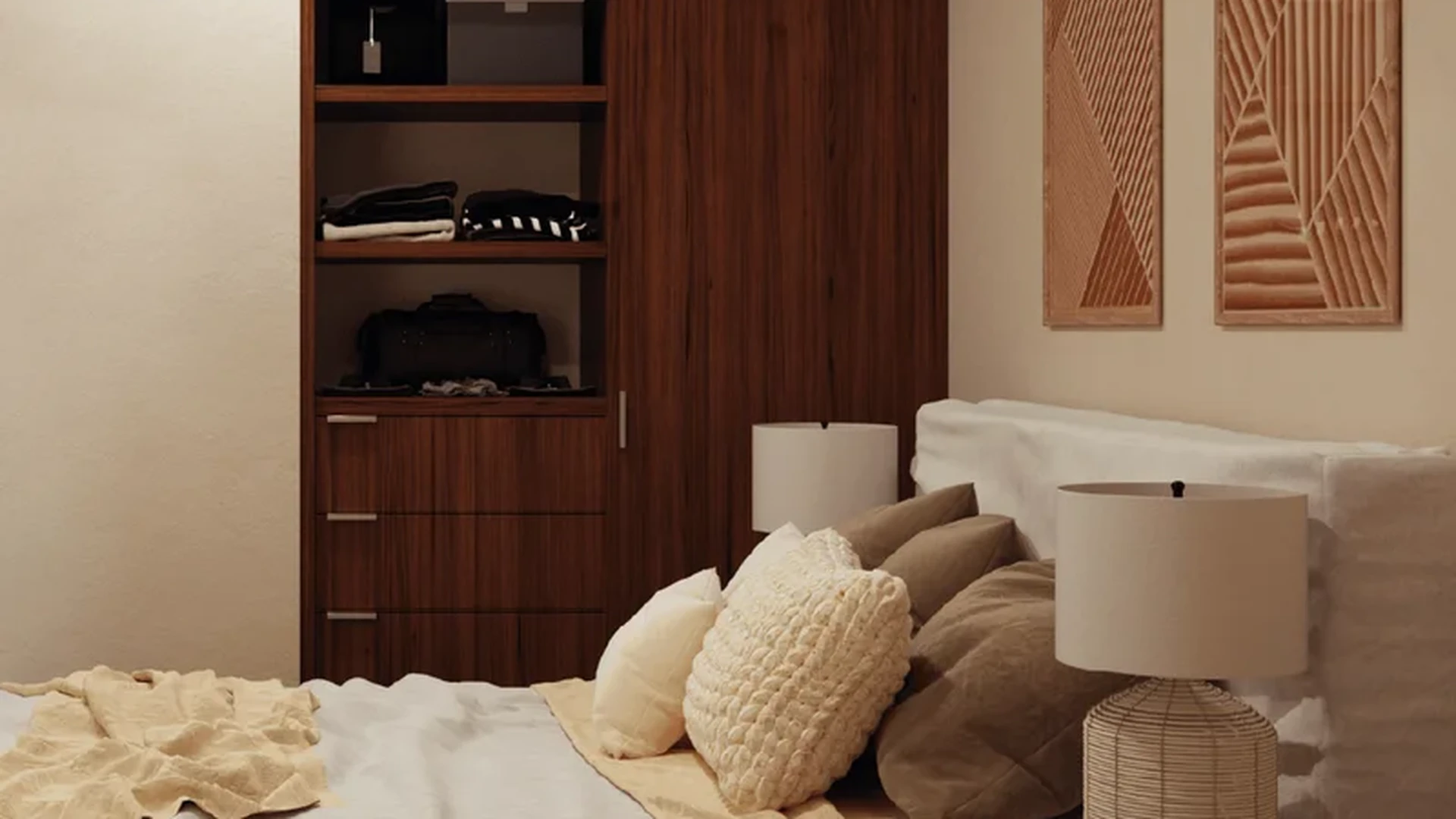 View of Modern Bedroom at Nala, showcasing Wood Furnishings, Built-in Closet.