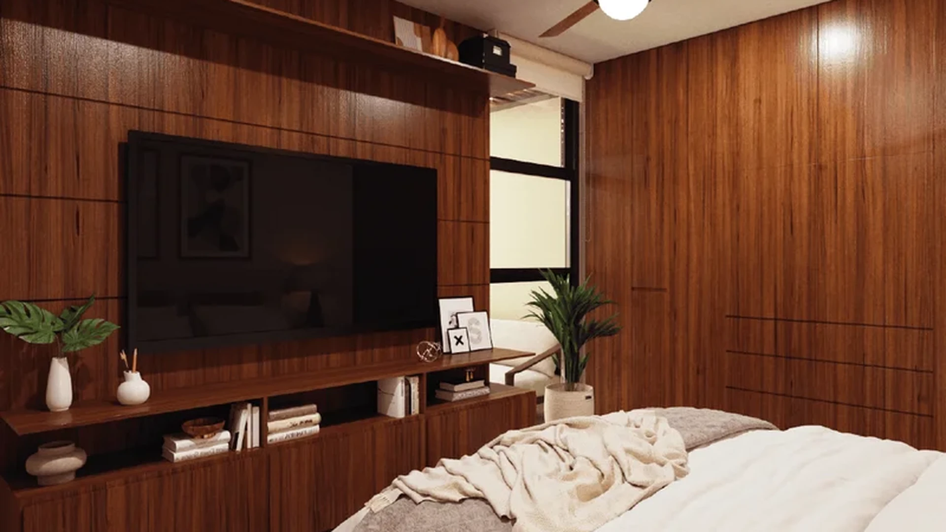View of Modern Bedroom at Nala, showcasing Wood Paneling, Built-in Cabinetry.