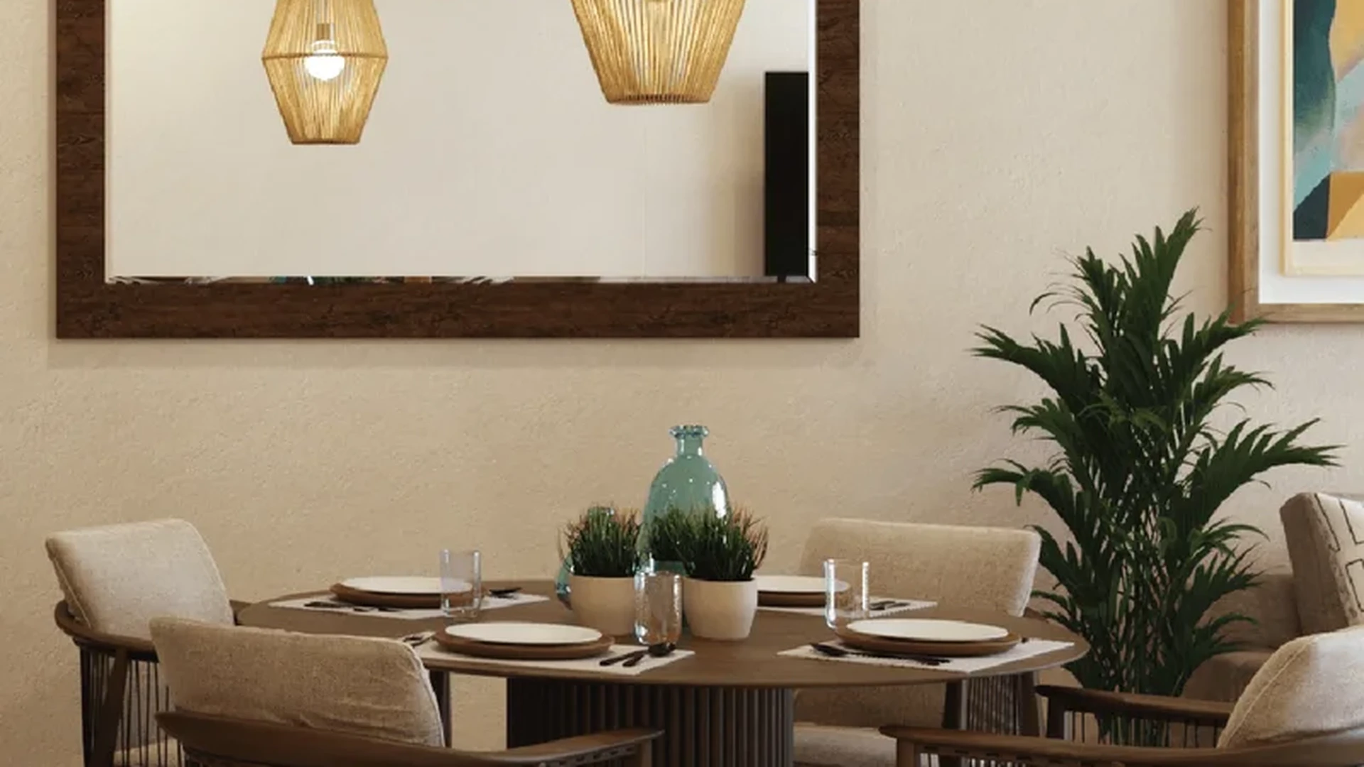 View of Dining Room at Nala, showcasing Modern Interior, Wooden Furniture.