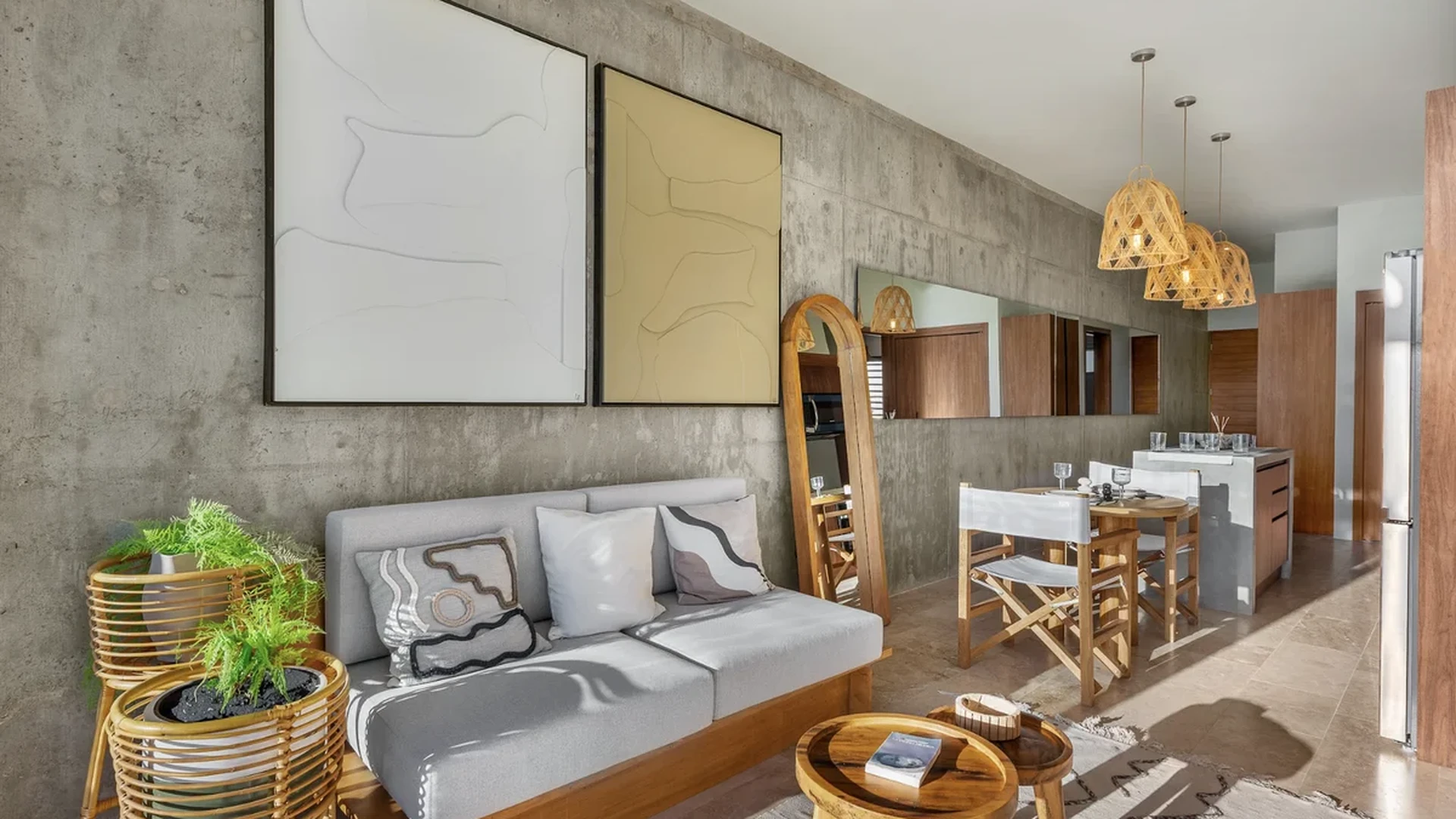 View of Modern Living Room at BeUTiful, showcasing Industrial Design, Concrete Walls.