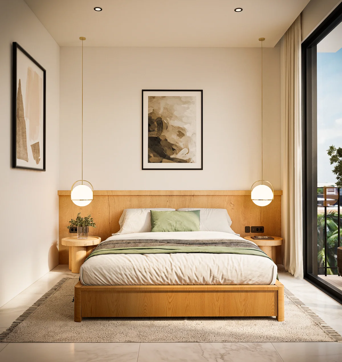 View of Modern Bedroom at Akasha, showcasing Natural Light, Wood Headboard.