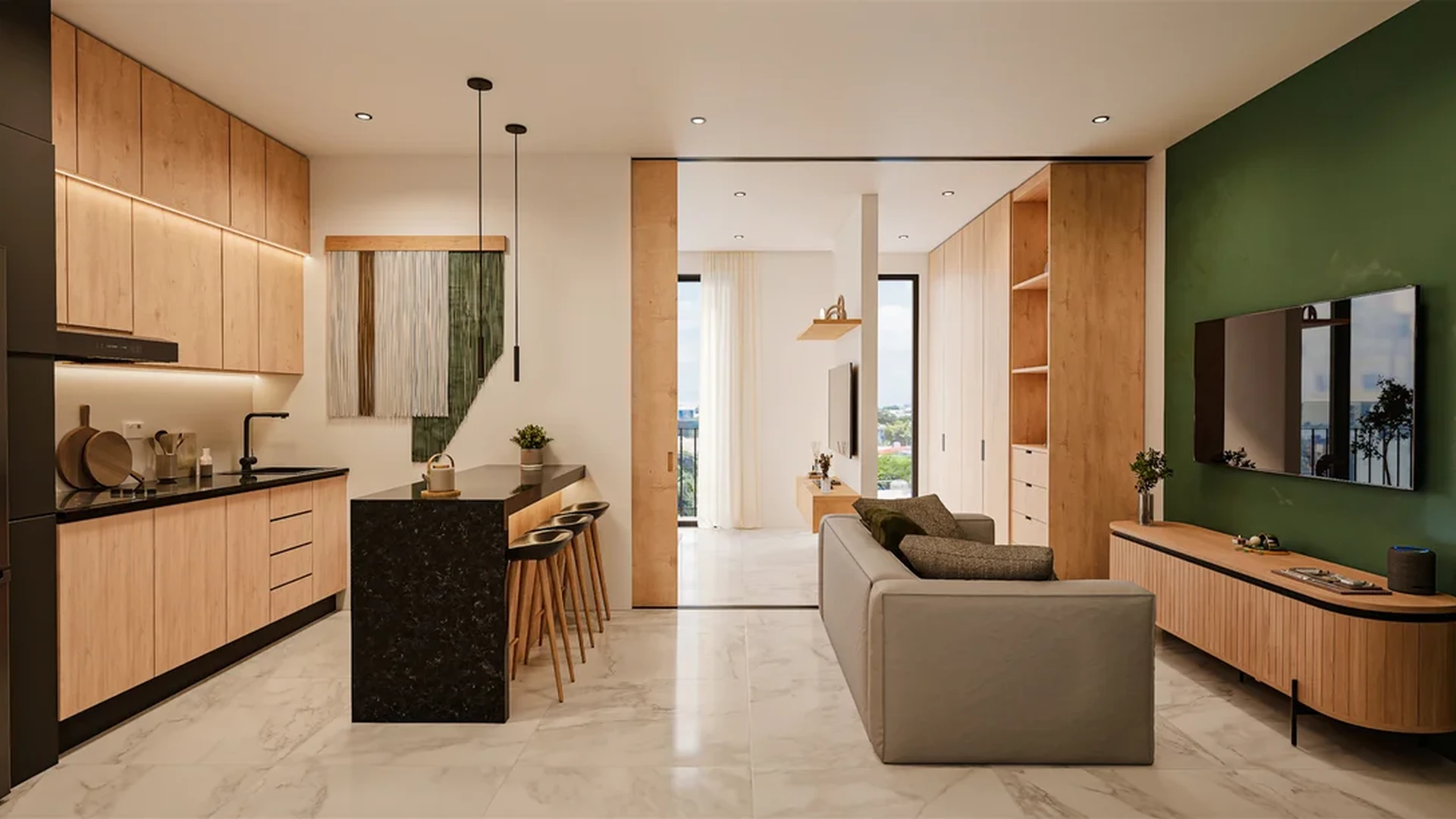 View of Open Concept Living at Akasha, showcasing Modern Kitchen, Wood Cabinetry.