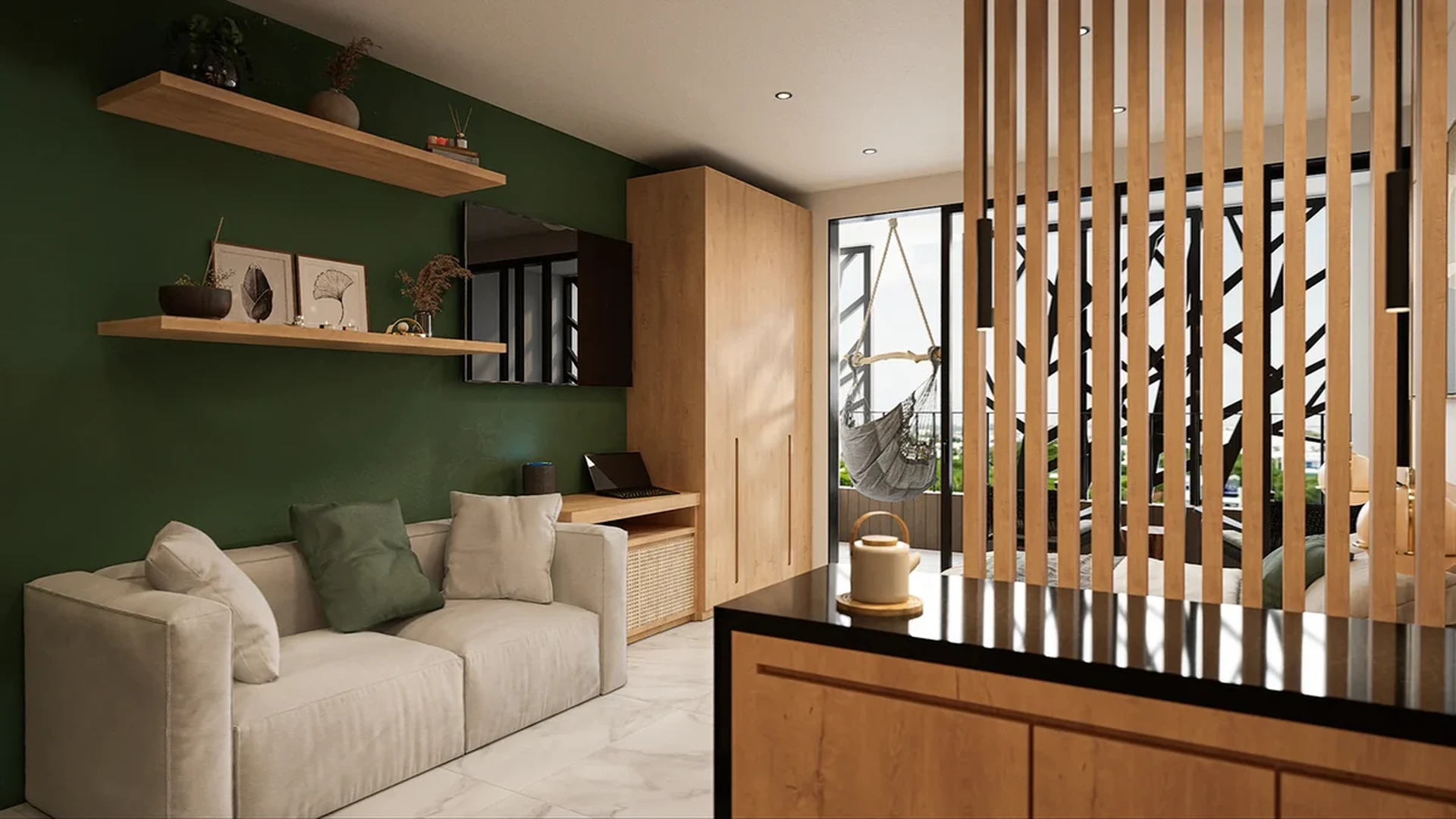 View of Modern Living Room at Akasha, showcasing Interior Design, Wood Accents.