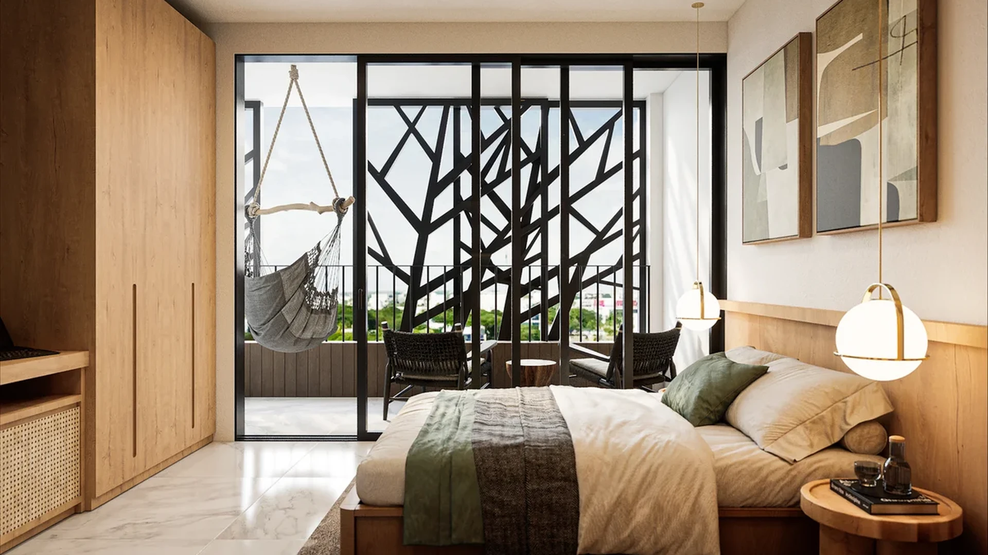 View of Modern Bedroom at Akasha, showcasing Private Balcony, Wood Furnishings.