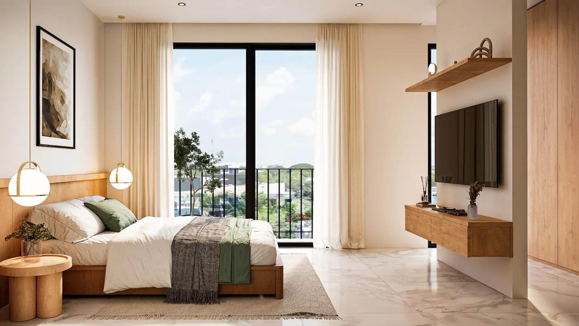 View of Modern Bedroom at Akasha, showcasing Balcony, Marble Flooring.