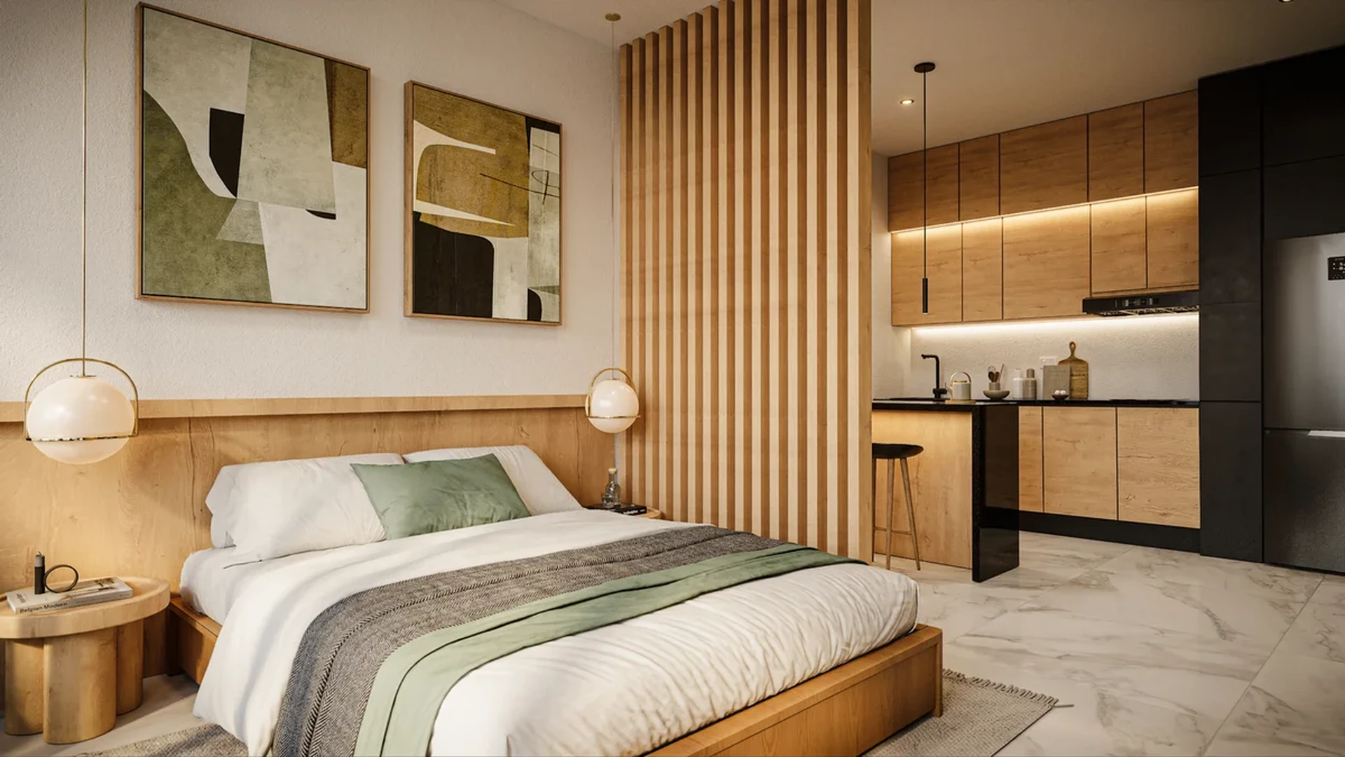 View of Studio Apartment at Akasha, showcasing Modern Design, Wood Accents.