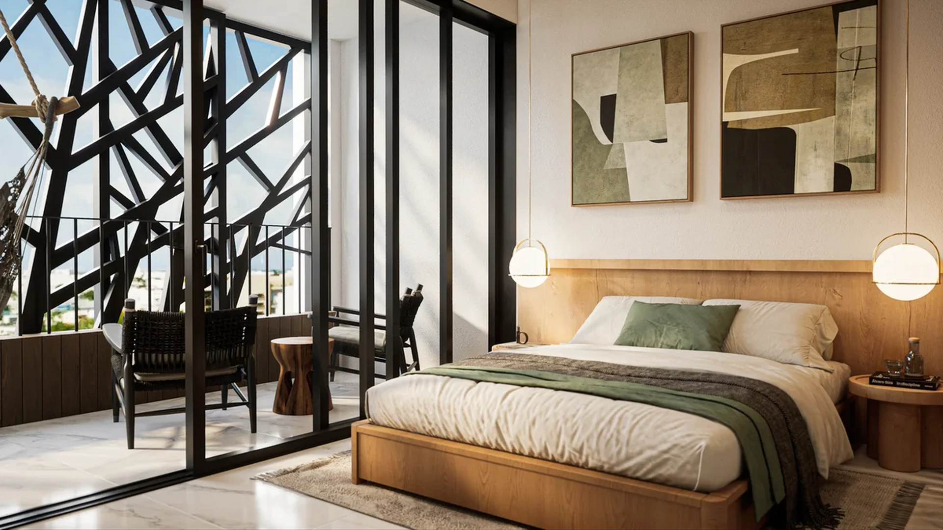 View of Modern Bedroom at Akasha, showcasing Private Balcony, Natural Light.