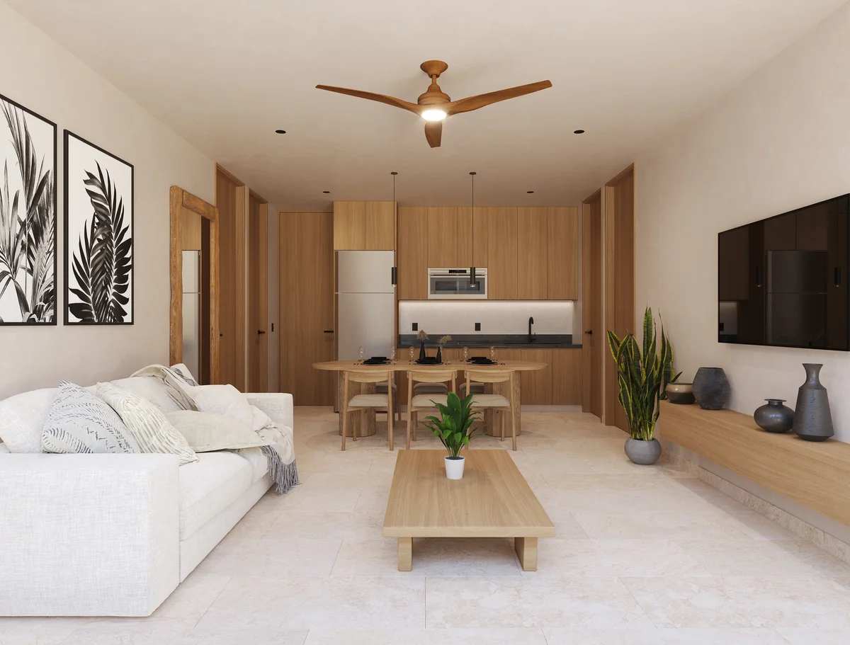 View of Open Concept Living at Endemico Kukulcan, showcasing Modern Interior Design, Wood Cabinetry.