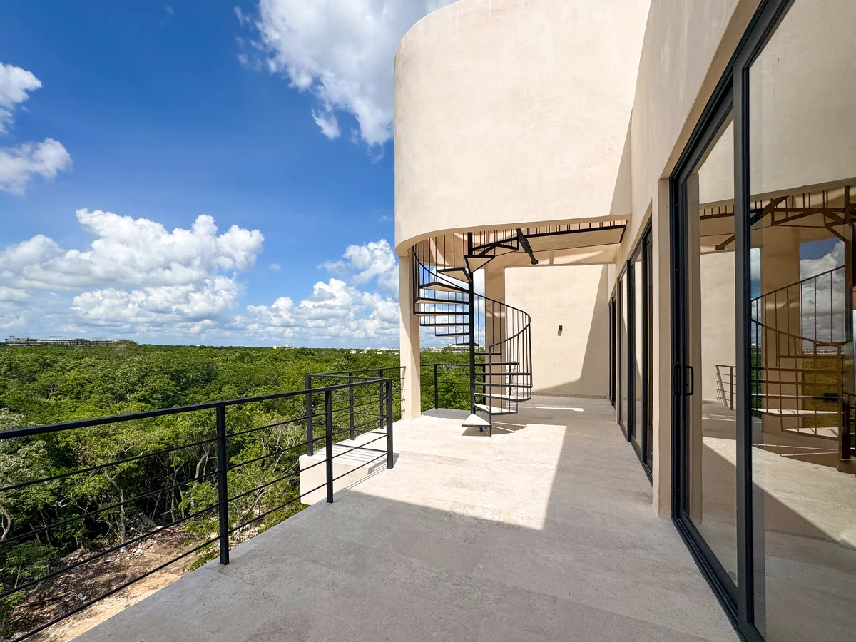 View of Spiral Staircase at Oniric, showcasing Modern Terrace, Jungle View.