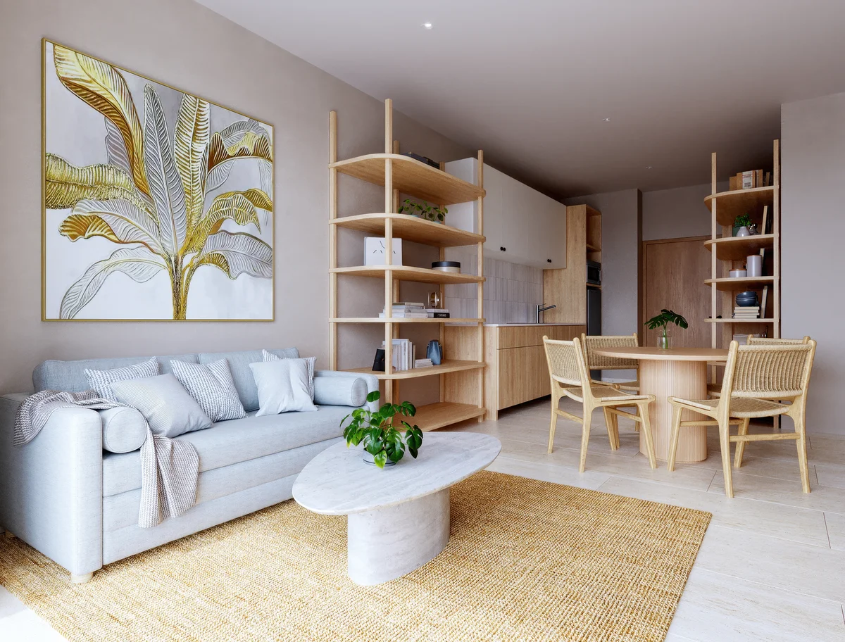 View of Open Concept Living at Solar Midtown, showcasing Modern Interior Design, Japandi Style Decor.