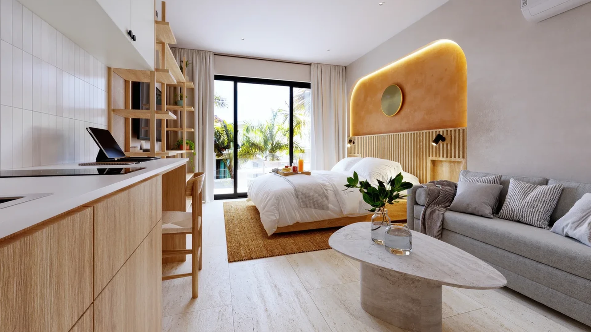 View of Studio Apartment at Solar Midtown, showcasing Modern Design, Open Concept Living.