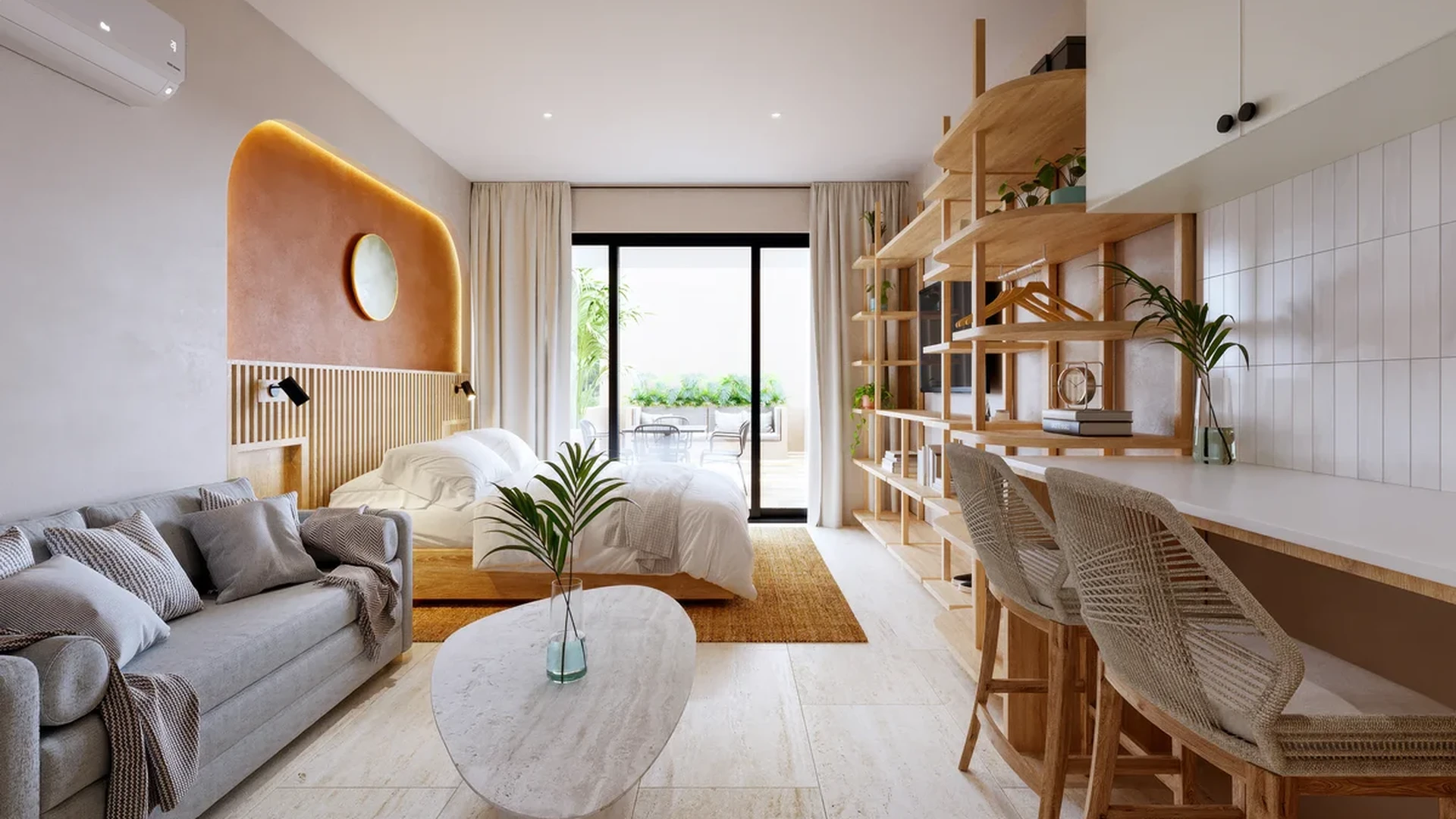 View of Studio Apartment at Solar Midtown, showcasing Modern Interior Design, Open Concept Living.