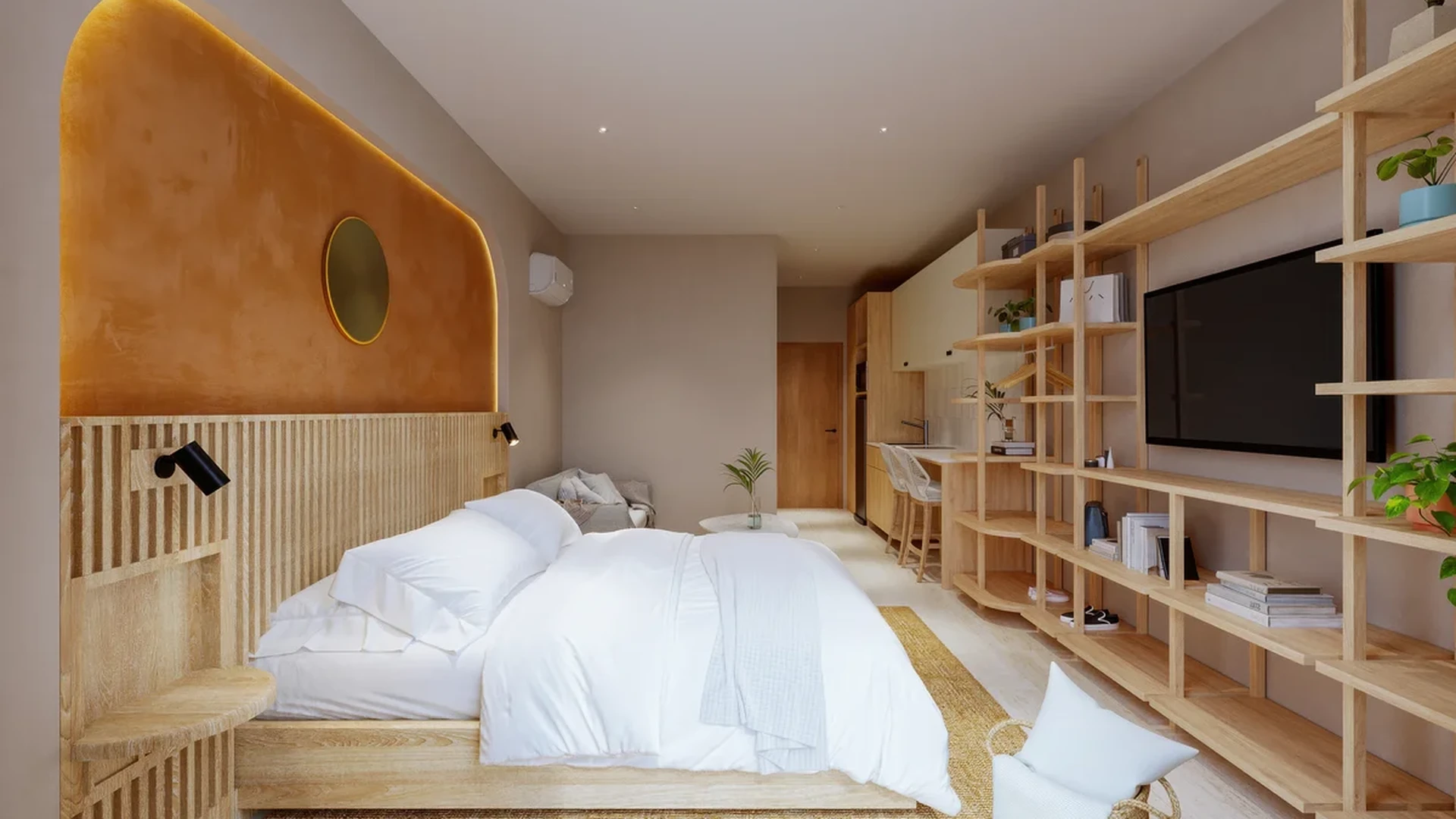 View of Studio Apartment at Solar Midtown, showcasing Modern Bedroom, Japandi Design.