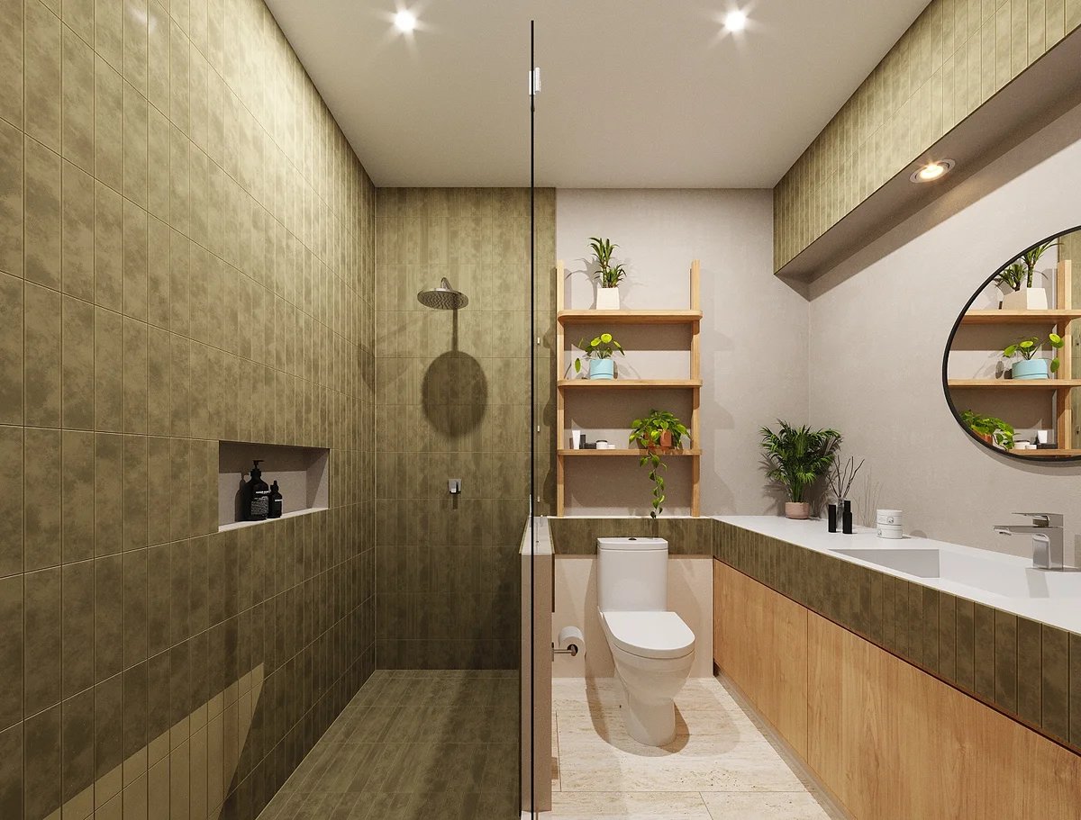 View of Modern Bathroom at Solar Midtown, showcasing Walk-in Shower, Tiled Shower.