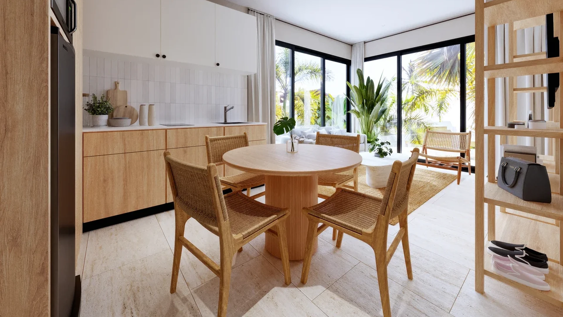 View of Open-Concept Living at Solar Midtown, showcasing Modern Kitchenette, Dining Area.