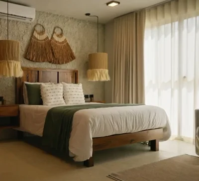 View of Bedroom Decor at Tamarindos, showcasing Boho Style Bedroom, Natural Light.