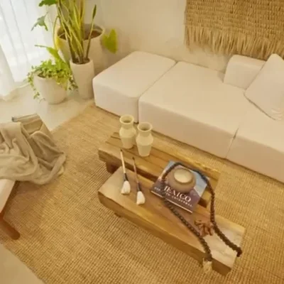 View of Living Room at Tamarindos, showcasing Bohemian Decor, Natural Light.
