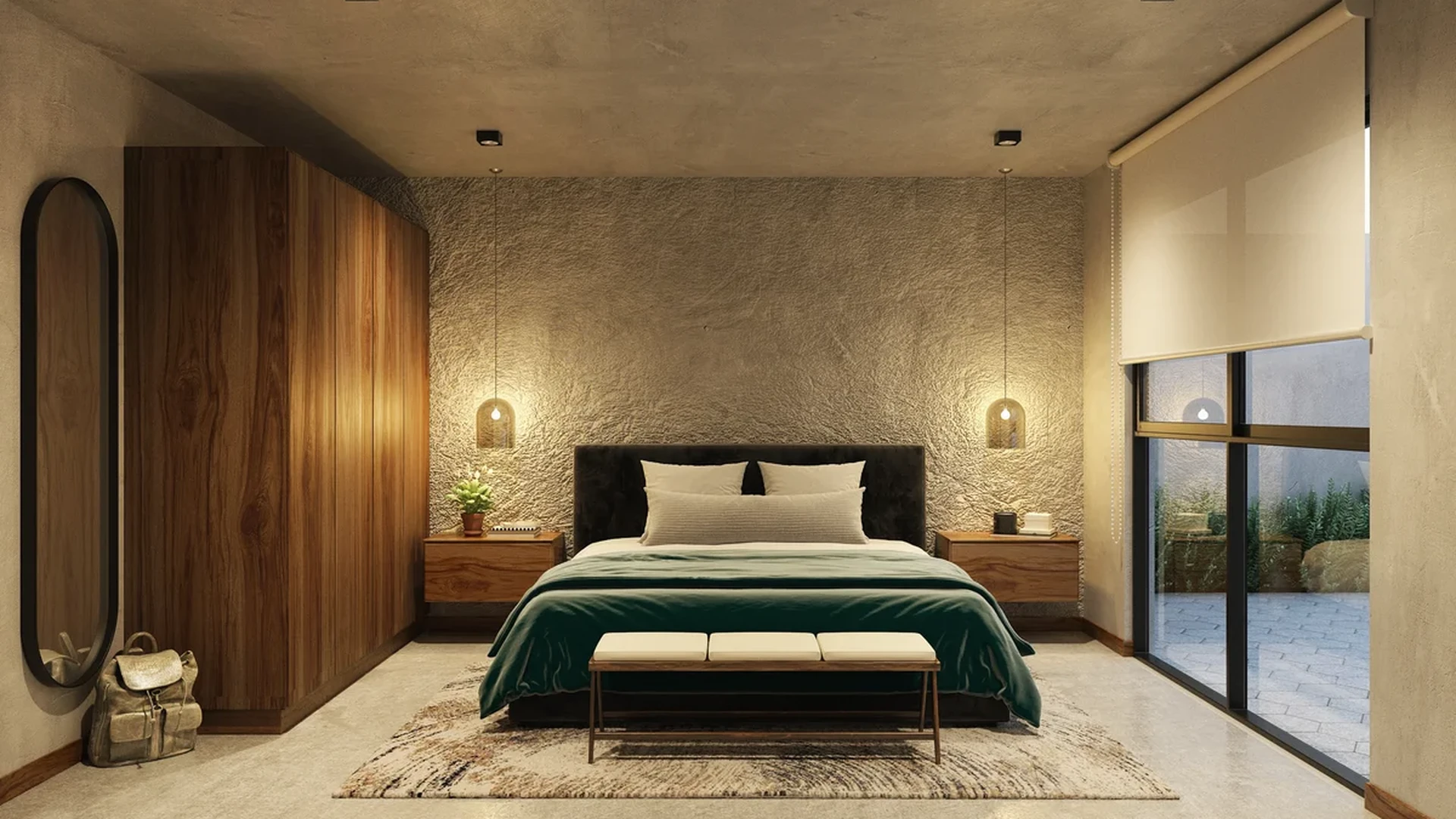Image of Garden at Tamarindos, featuring Modern Bedroom, Textured Accent Wall.