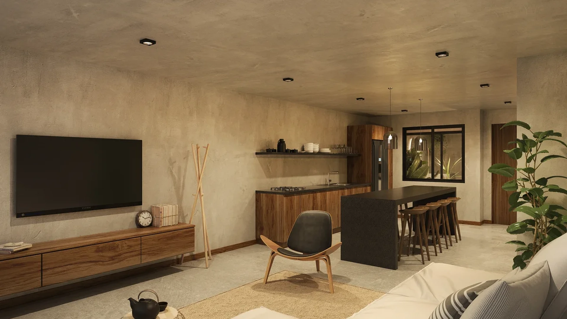 View of Open Concept Living at Tamarindos, showcasing Modern Kitchen, Minimalist Design.