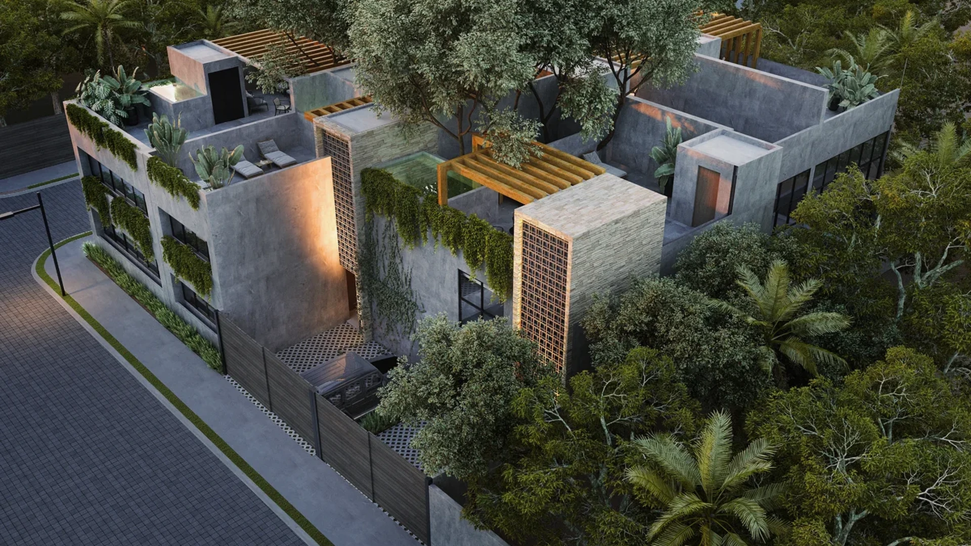 Image of Swimming Pool at Tamarindos, featuring Modern Architecture, Aerial View.