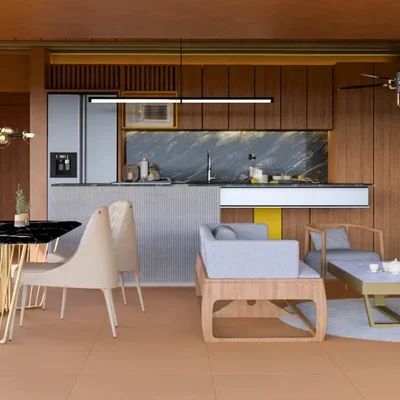 View of Open Concept Living at Kabax, showcasing Modern Interior Design, Dining Area.