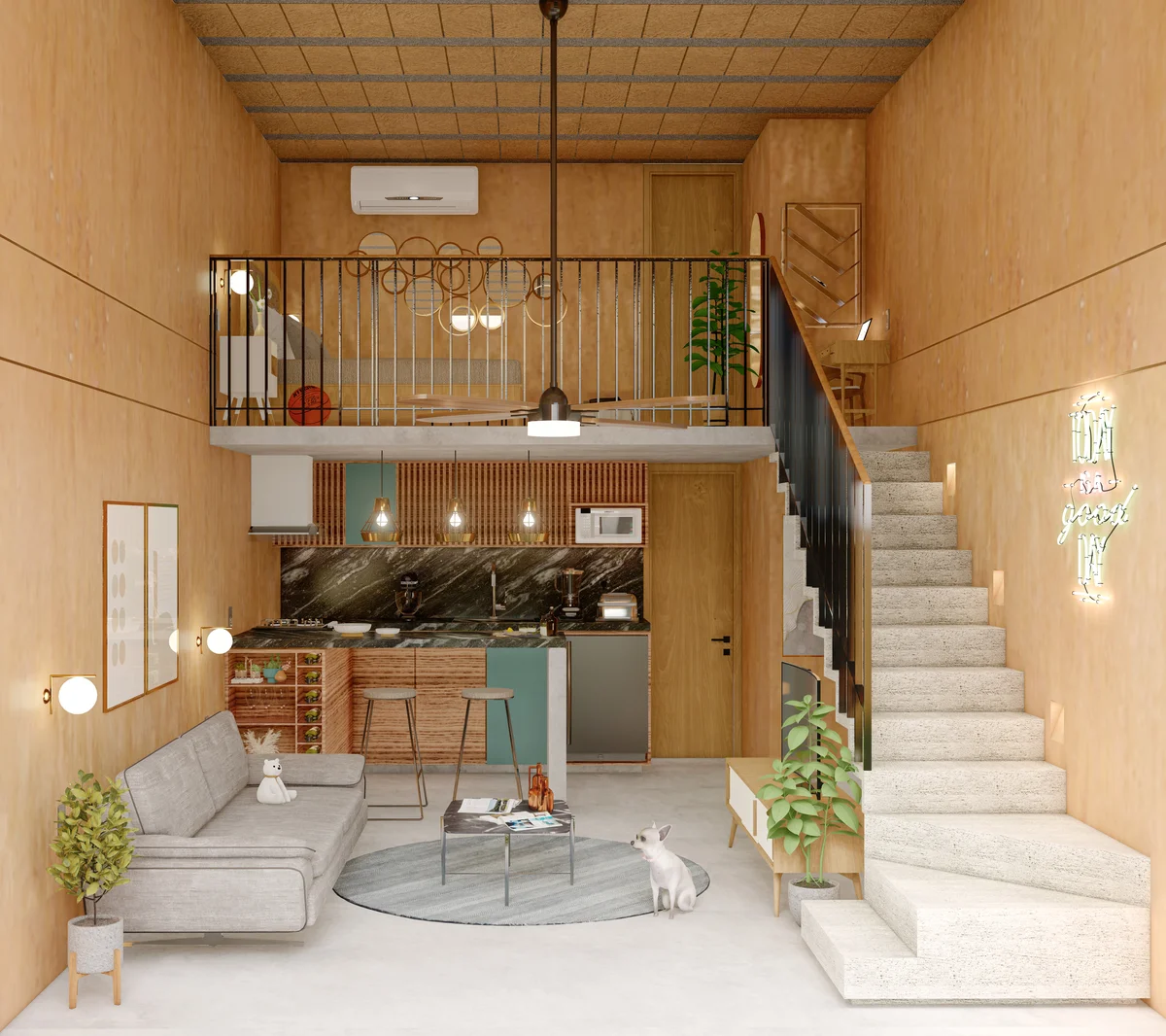 View of Loft Apartment at Kabax, showcasing Open Concept Living, Mezzanine.