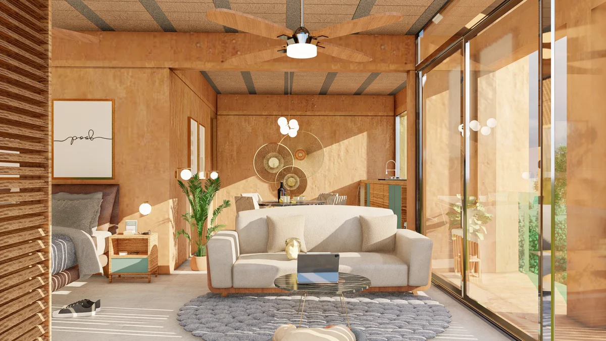 View of Open Concept Living at Kabax, showcasing Studio Apartment, Bohemian Decor.