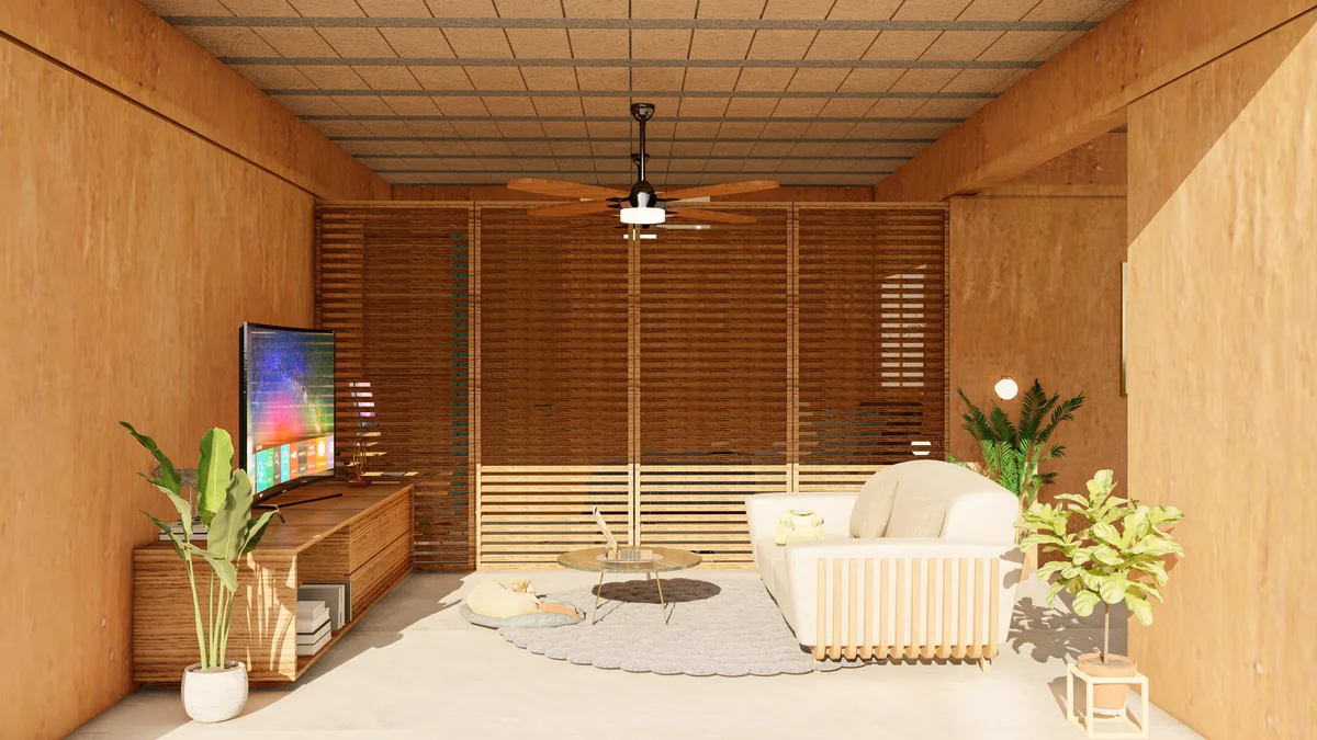 View of Living Room at Kabax, showcasing Wood Paneling, Modern Interior.