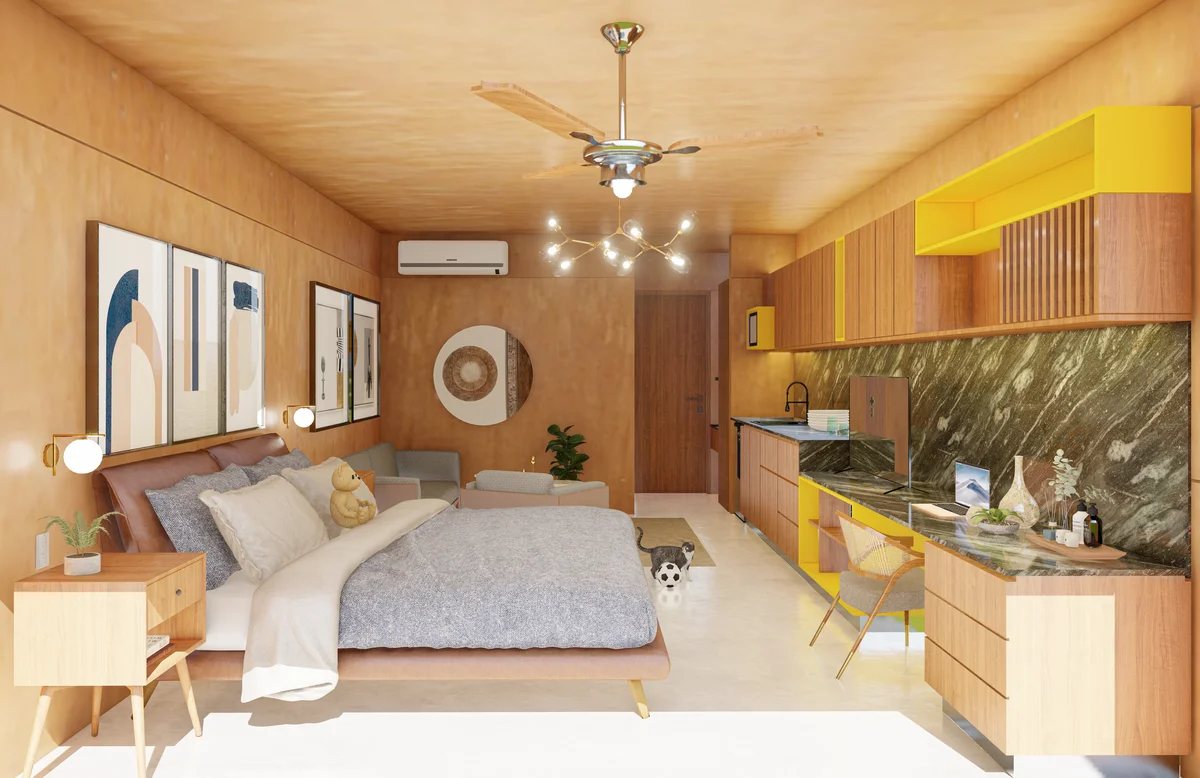 View of Studio Apartment at Kabax, showcasing Modern Interior, Wood Paneling.