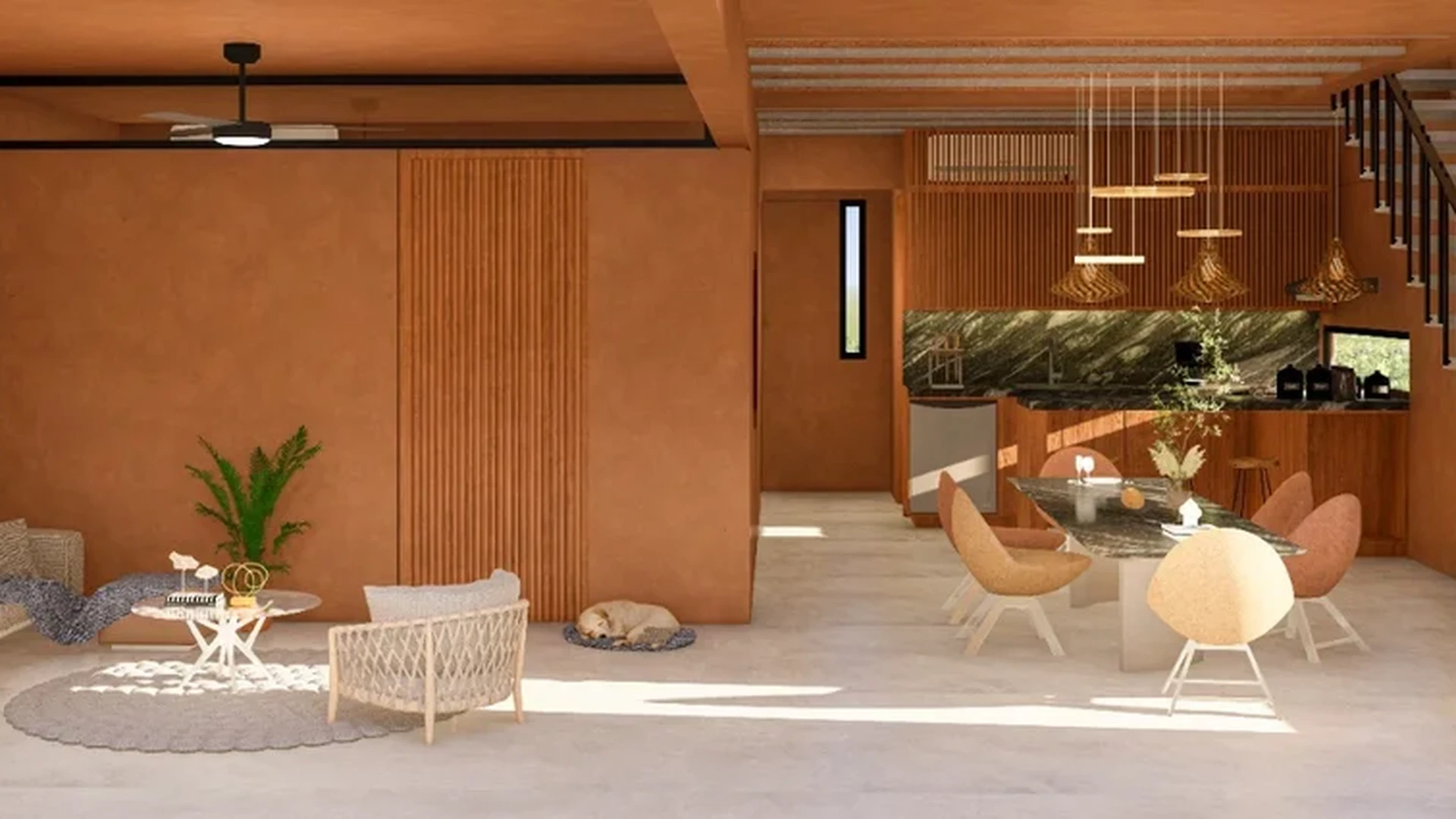 View of Open Concept Living at Kabax, showcasing Modern Interior Design, Terracotta Walls.